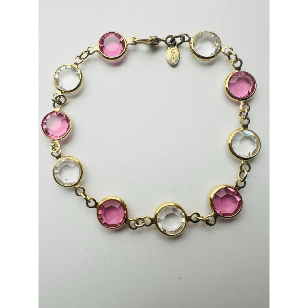 Vintage Monet Goldtone Pastel Pink Crystal Bracelet 7”
